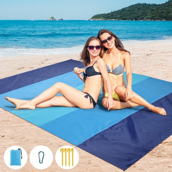 Troxlin Sandproof Beach Blanket 77"x84", Quick-Drying Waterproof Outdoor Mat with 4 Stakes & Travel Bag, Lightweight Camping Accessory – Multicolor