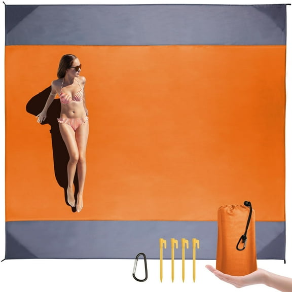 Beach Blanket Waterproof Sandproof: Beach Mat Sand Free Waterproof Sand Picnic Blanket with 4 Stakes & 4 Corner Pocket Blanket Beach Essentials for Travel Camping,82.7″×78.7″ Orange L
