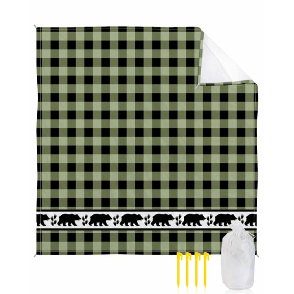 Beach Blanket Waterproof Sandproof Bear Footprints Green Buffalo Plaid Beach Blankets with Stakes Quick Dry Sand Free Outdoor Picnic Mats Forest Animals Large Beach Mat for Sand Camping 108"x84"