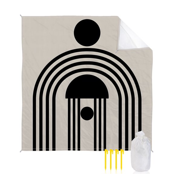 Beach Blanket Waterproof Sandproof Black Circle Lines Beach Blankets with Stakes Quick Dry Sand Free Outdoor Picnic Mats Boho Modern Abstract Nordic Large Beach Mat for Sand Camping Hiking 118"x108"