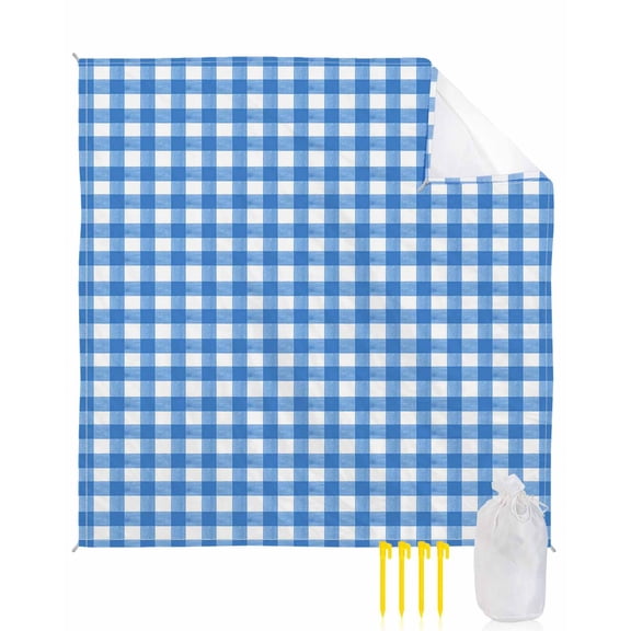 Beach Blanket Waterproof Sandproof Blue Check Buffalo Plaid Beach Blankets with Stakes Quick Dry Sand Free Outdoor Picnic Mats Pastoral Checkered Large Beach Mat for Sand Camping Hiking 118"x108"
