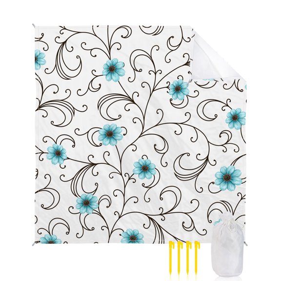 Beach Blanket Waterproof Sandproof Blue Daisy Flower Beach Blankets with Stakes Quick Dry Sand Free Outdoor Picnic Mats Teal Blossoms Vines Branches Large Beach Mat for Sand Camping Hiking 108"x84"