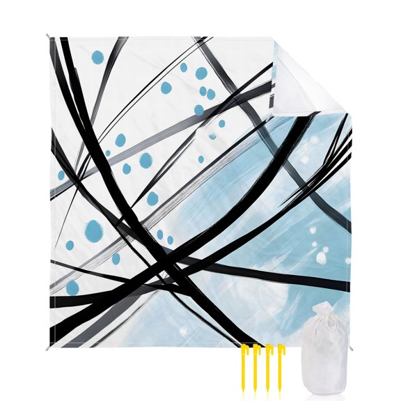 Beach Blanket Waterproof Sandproof Blue Graffiti Lines Beach Blankets with Stakes Quick Dry Sand Free Outdoor Picnic Mats Abstract Dots Splashes Large Beach Mat for Sand Camping Hiking 83"x79"