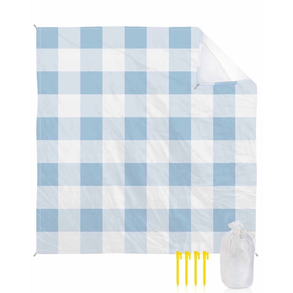 Beach Blanket Waterproof Sandproof Blue Plaid Beach Blankets with Stakes Quick Dry Sand Free Outdoor Picnic Mats Spring Buffalo Watercolor Check Stripe Large Beach Mat for Sand Camping 118"x108"
