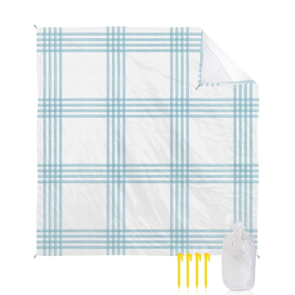 Beach Blanket Waterproof Sandproof Blue Stripes Beach Blankets with Stakes Quick Dry Sand Free Outdoor Picnic Mats Striped Buffalo Checked Plaid Large Beach Mat for Sand Camping Hiking 118"x108"