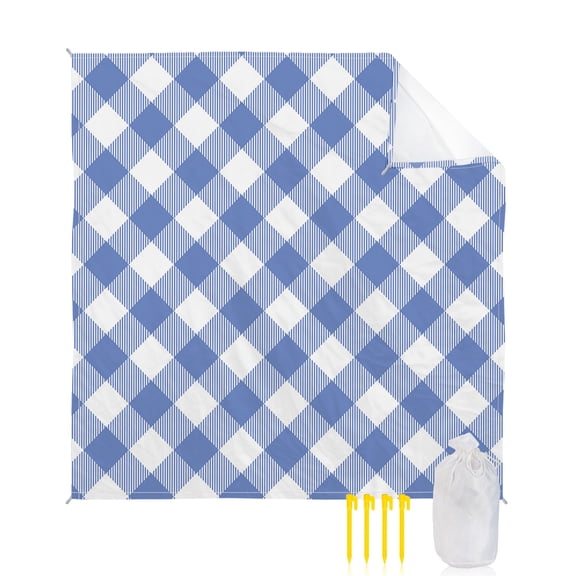Beach Blanket Waterproof Sandproof Blue White Plaid Check Beach Blankets with Stakes Quick Dry Sand Free Outdoor Picnic Mats Farmhouse Style Large Beach Mat for Sand Camping Hiking Travel 118"x108"