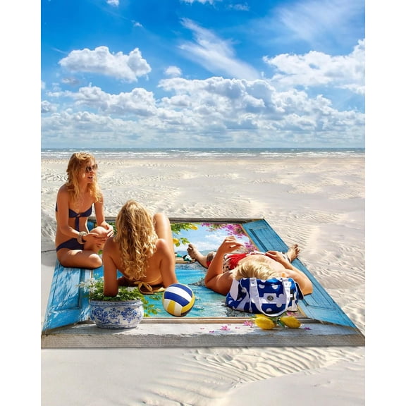 Beach Blanket Waterproof Sandproof Coastal Scenic Lemon Design with Stakes Quick Dry Large Outdoor Picnic Mat for Camping 83x79 Blue