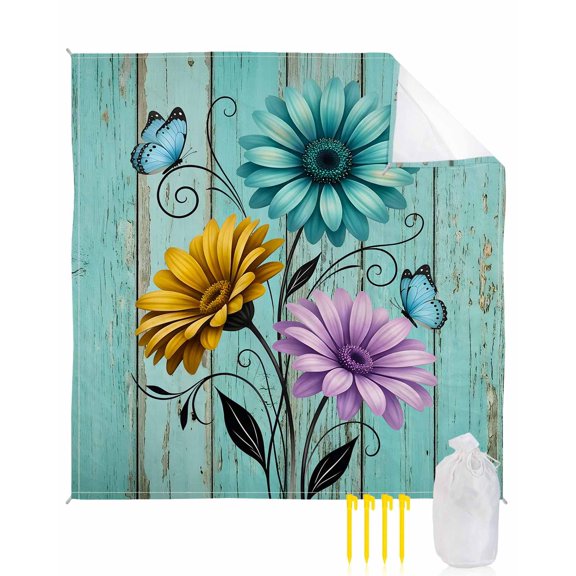 Beach Blanket Waterproof Sandproof Daisy Flower Beach Blankets with Stakes Quick Dry Sand Free Outdoor Picnic Mats Butterfly Teal Rustic Wood Grain Large Beach Mat for Sand Camping Hiking 108"x84"