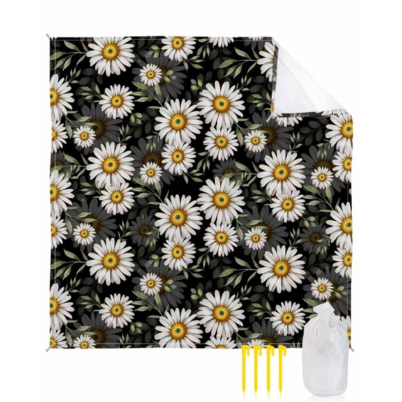 Beach Blanket Waterproof Sandproof Daisy Flower Beach Blankets with Stakes Quick Dry Sand Free Outdoor Picnic Mats Green Leaves Black Large Beach Mat for Sand Camping Hiking Travel 108"x84"
