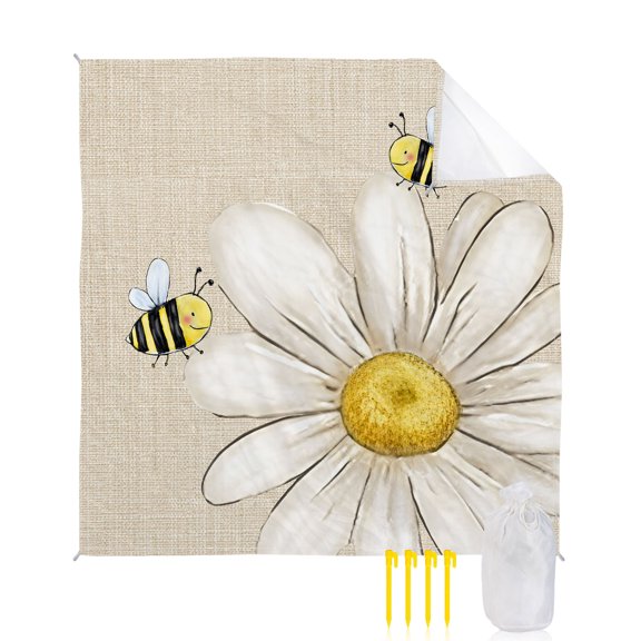 Beach Blanket Waterproof Sandproof Daisy Honeybees Beach Blankets with Stakes Quick Dry Sand Free Outdoor Picnic Mats Farmhouse Floral Linen Large Beach Mat for Sand Camping Hiking Travel 118"x108"