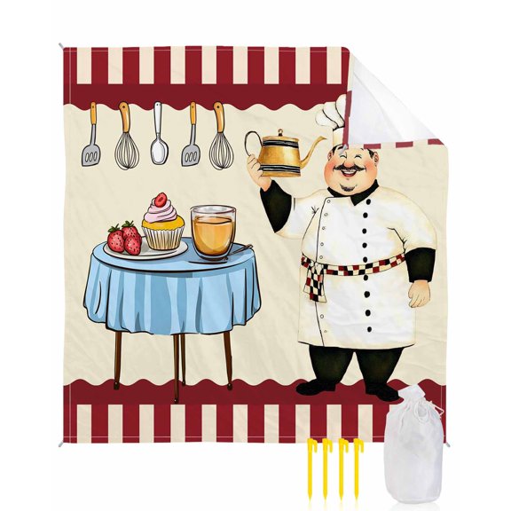 Beach Blanket Waterproof Sandproof Funny Chef Kitchen Dessert Beach Blankets with Stakes Quick Dry Sand Free Outdoor Picnic Mats Red Stripes Large Beach Mat for Sand Camping Hiking Travel 83"x79"