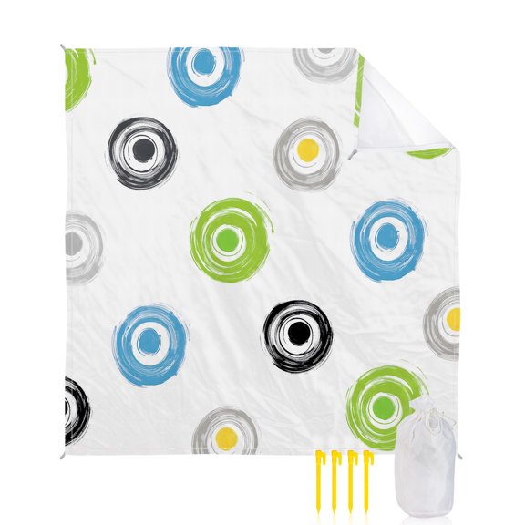 Beach Blanket Waterproof Sandproof Green Blue Polka Dots Beach Blankets with Stakes Quick Dry Sand Free Outdoor Picnic Mats Modern Graffiti Circles Large Beach Mat for Sand Camping Hiking 118"x108"
