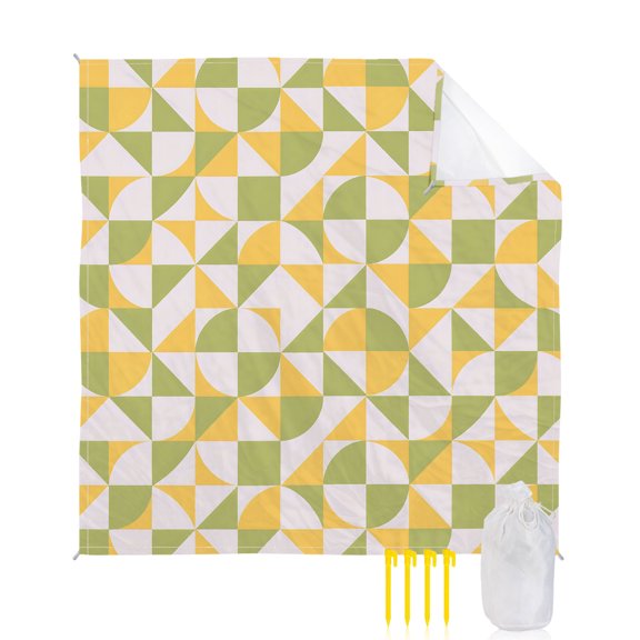Beach Blanket Waterproof Sandproof Green Quarter Circles Beach Blankets with Stakes Quick Dry Sand Free Outdoor Picnic Mats Geometric Triangle Shards Large Beach Mat for Sand Camping 118"x108"
