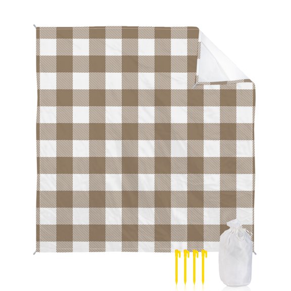 Beach Blanket Waterproof Sandproof Light Brown Buffalo Check Plaid Beach Blankets with Stakes Quick Dry Sand Free Outdoor Picnic Mats Farmhouse Style Large Beach Mat for Sand Camping 118"x108"