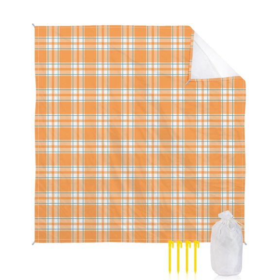 Beach Blanket Waterproof Sandproof Orange Buffalo Plaid Beach Blankets with Stakes Quick Dry Sand Free Outdoor Picnic Mats Classic Checked Large Beach Mat for Sand Camping Hiking Travel 118"x108"