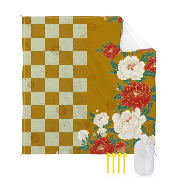 Beach Blanket Waterproof Sandproof Peony Beach Blankets with Stakes Quick Dry Sand Free Outdoor Picnic Mats Harmony Japanese Yellow Buffalo Plaid Large Beach Mat for Sand Camping Hiking 118"x108"