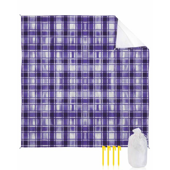 Beach Blanket Waterproof Sandproof Purple Buffalo Plaid Beach Blankets with Stakes Quick Dry Sand Free Outdoor Picnic Mats Watercolor Check Stripes Large Beach Mat for Sand Camping Hiking 118"x108"