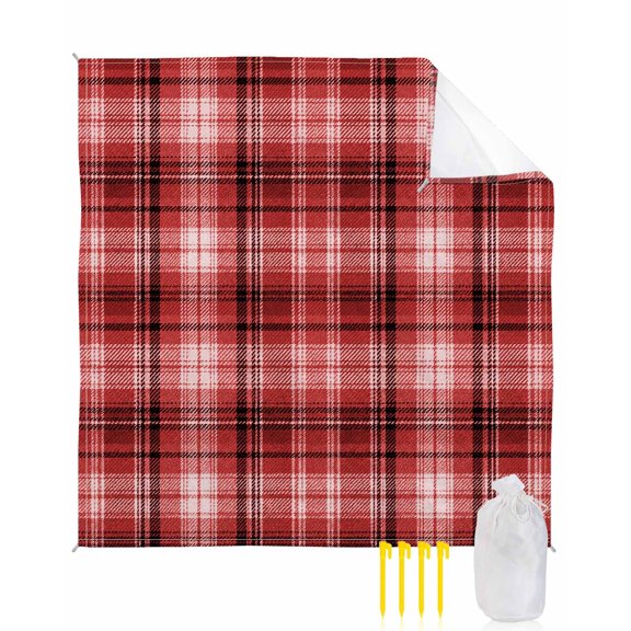 Beach Blanket Waterproof Sandproof Red Checked Plaid Beach Blankets with Stakes Quick Dry Sand Free Outdoor Picnic Mats Stripes Woven Grid Large Beach Mat for Sand Camping Hiking Travel 118"x108"