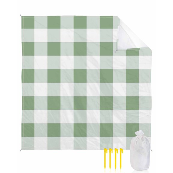 Beach Blanket Waterproof Sandproof Sage Green Buffalo Plaid Beach Blankets with Stakes Quick Dry Sand Free Outdoor Picnic Mats Spring Watercolor Check Stripe Large Beach Mat for Sand Camping 83"x79"