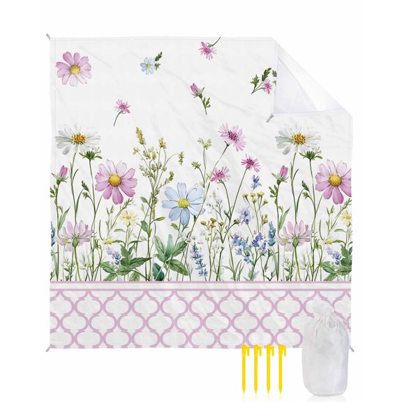 Beach Blanket Waterproof Sandproof Spring Flowers Beach Blankets with Stakes Quick Dry Sand Free Outdoor Picnic Mats Daisy Floral Pink Morrocan Pattern Large Beach Mat for Sand Camping 118"x108"