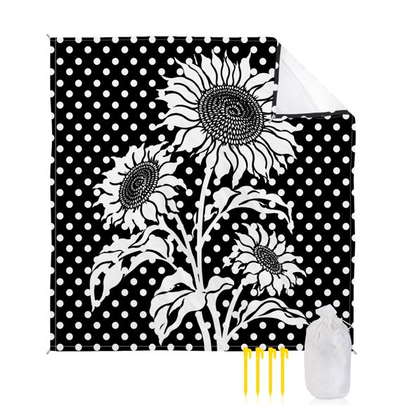 Beach Blanket Waterproof Sandproof Sunflower Beach Blankets with Stakes Quick Dry Sand Free Outdoor Picnic Mats Summer Floral Black Polka Dots Large Beach Mat for Sand Camping Hiking Travel 108"x84"