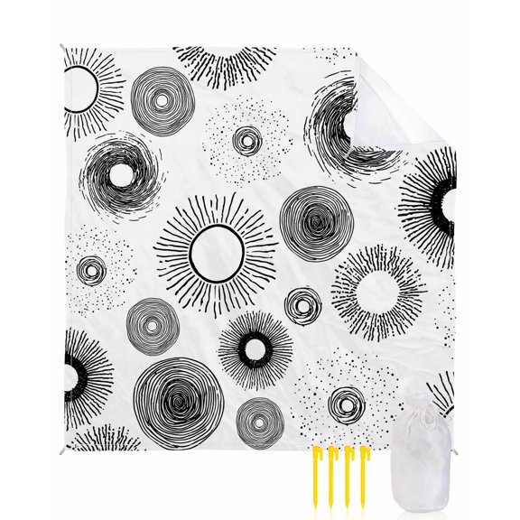 Beach Blanket Waterproof Sandproof White Circle Beach Blankets with Stakes Quick Dry Sand Free Outdoor Picnic Mats Lines Modern Abstract Art Large Beach Mat for Sand Camping Hiking Travel 118"x108"