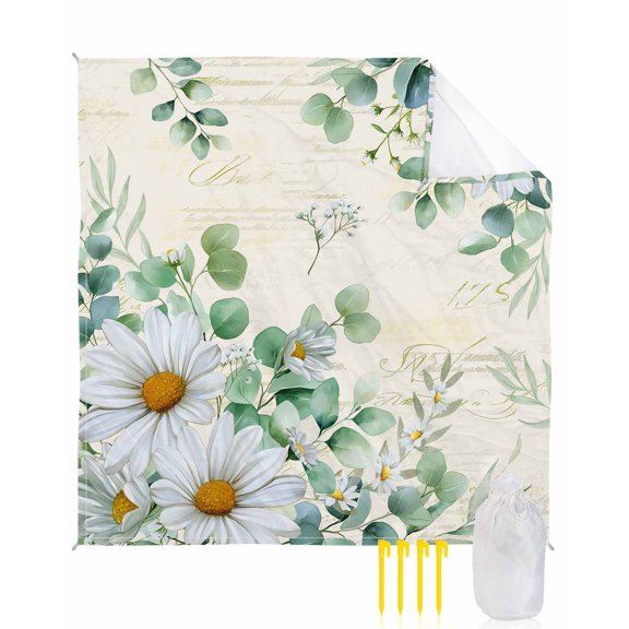 Beach Blanket Waterproof Sandproof White Daisy Beach Blankets with Stakes Quick Dry Sand Free Outdoor Picnic Mats Farmhouse Green Eucalyptus Leaves Large Beach Mat for Sand Camping Hiking 108"x84"