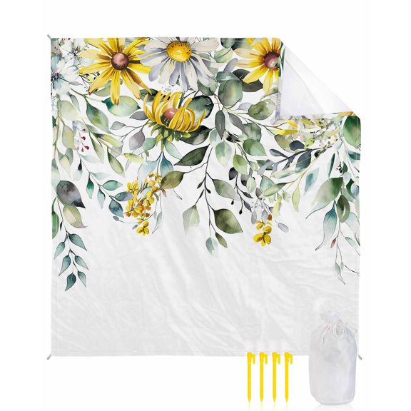 Beach Blanket Waterproof Sandproof Yellow Daisy Beach Blankets with Stakes Quick Dry Sand Free Outdoor Picnic Mats Floral Eucalyptus Leaves Large Beach Mat for Sand Camping Hiking Travel 118"x108"
