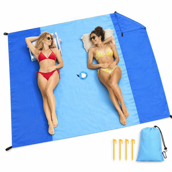 Beach Blanket With Umbrella Hole Waterproof Nylon Mat 7ft