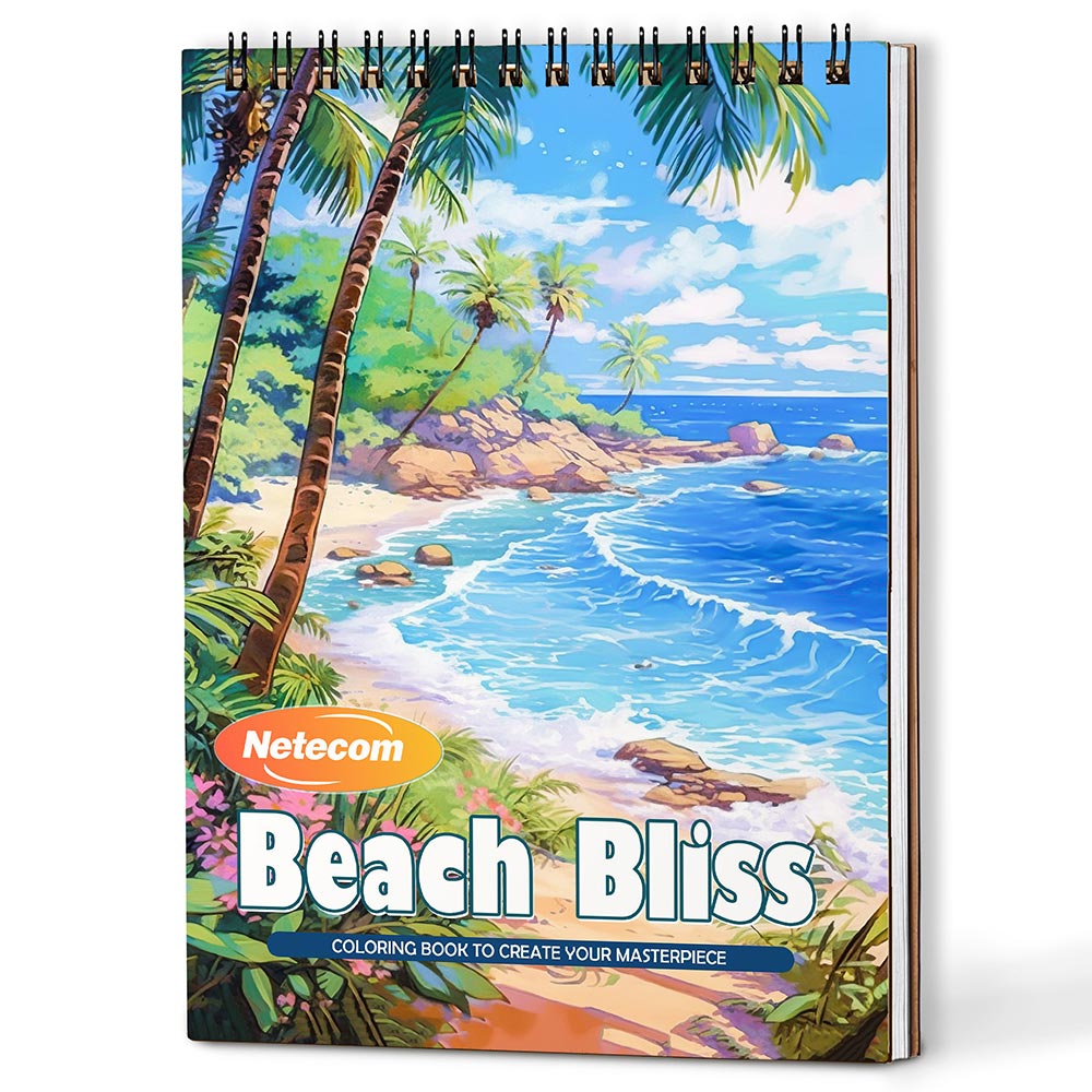 Beach Bliss Coloring Book Spiral Bound For Adults, A5 Wooden Cover, 30 Dreamy Coloring Pages in Idyllic Beach and Seaside Landscapes for Stress Relief and Relaxation