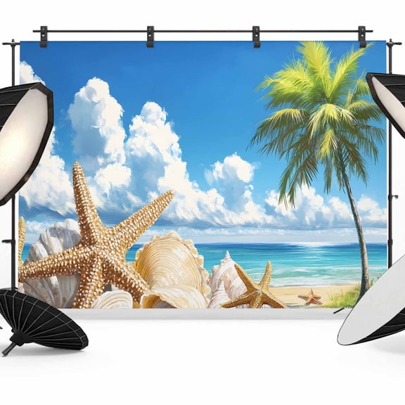 Beach Blue Backdrop for Photoshoot,Photography Photo Studio Background Wall Backdrop,Starfish Palm Tree Shell Sandy Beach Back Drop Banner Panel for Portraits Wedding Party Live Streaming Decor 7x5Ft