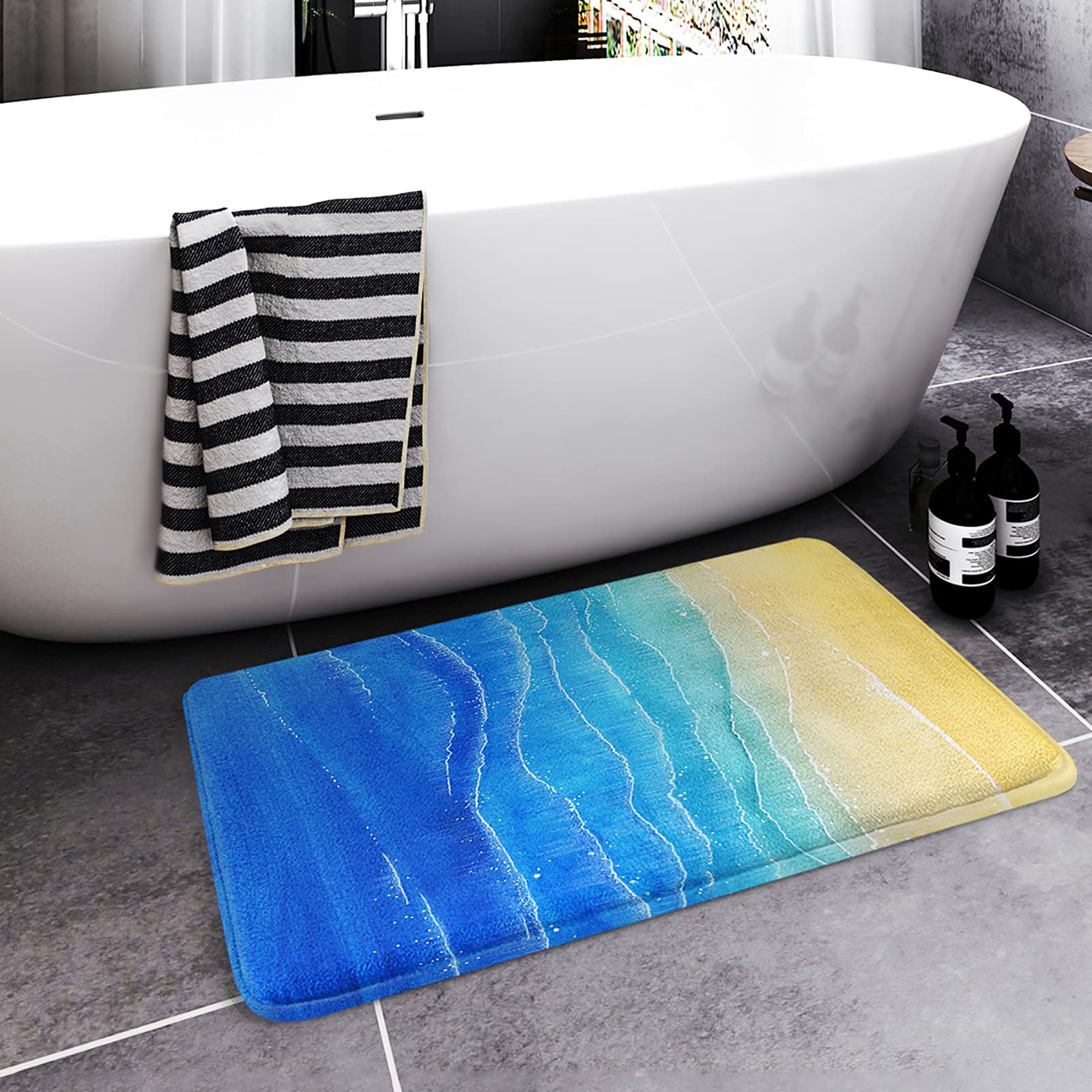 Beach Blue Bath Mats for Bathroom, Bathroom Mats Rugs No Silp, Washable