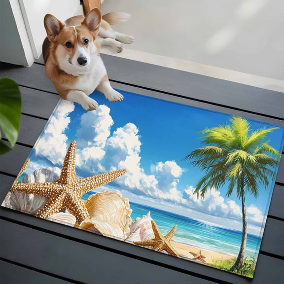 Beach Blue Bathroom Mat 2x3 FT, Non Slip Small Kitchen Mat, Starfish Palm Tree Shell Sandy Beach Washable Soft Backed Front Door Throw Rug Non-Shedding Indoor Outdoor Doormat for Entryway Sink