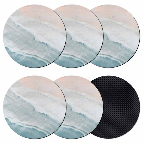 Beach Blue Coasters Set of 6, Soft Absorbent Coasters for Drinks, Gradient Ocean Waves Seashore Sunset Non-Slip Cup Coaster Mat with Rubber Bottom for Home Kitchen Desk Coffee Bar Table Decor 4"