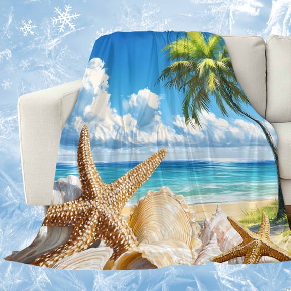 Beach Blue Cooling Blanket, Lightweight Breathable Summer Throw Blanket with Double Sided Cold Effect, Starfish Palm Tree Shell Sandy Beach Picnic Beach Blankets Bed Sheet for Hot Sleepers 30"x40"
