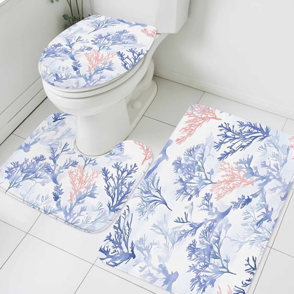 Beach Blue Coral Bathroom Rugs Set Retro Nautical Coastal Sea Watercolor Coral Non Slip Absorbent Soft Bath Mats 3 Piece Set with Bathroom Rug, U-Shaped Floor Mat, Toilet Seat Cover Large Size