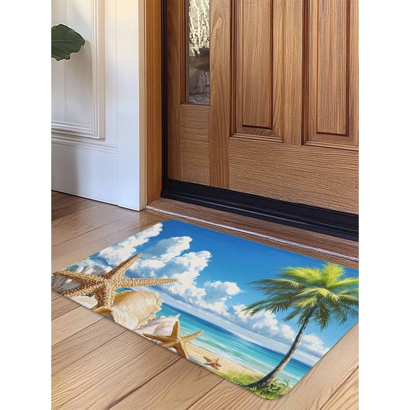 Beach Blue Door Mat Indoor Outdoor Entrance, Non Slip Rug for Kitchen Bathroom Entryway Rug, Starfish Palm Tree Shell Sandy Beach Washable Doormat Floor Mat for Office Home Decor 24x36 Inch