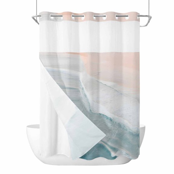 Beach Blue No Hook Shower Curtain Waterproof, Bathroom Curtains with Snap in Liners and See Through Top Window, Gradient Ocean Waves Seashore Sunset Hotel Style Bathtub Curtains Shower 72"Wx84"L