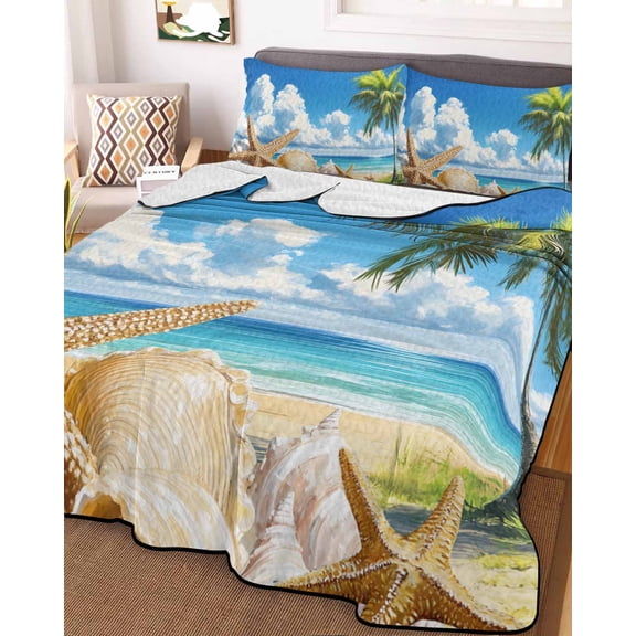 Beach Blue King Size Down Alternative Comforter, Lightweight Comforter Quilt Bedding Set with Pillow Shams Starfish Palm Tree Shell Sandy Beach All Seasons Bed Comforter Duvet Insert 96"x106"