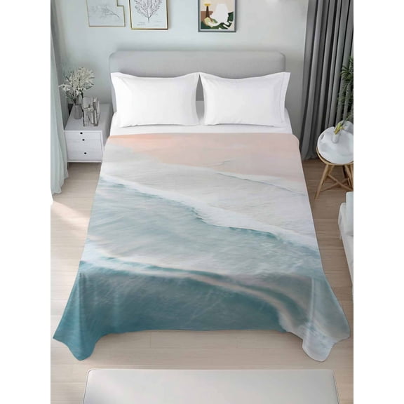 Beach Blue King Size Flat Sheet, Wrinkleproof & Fadeproof Cooling Flat Bed Sheet Only, Gradient Ocean Waves Seashore Sunset Breathable Soft Bedding Top Sheets 105 x 98 Inches