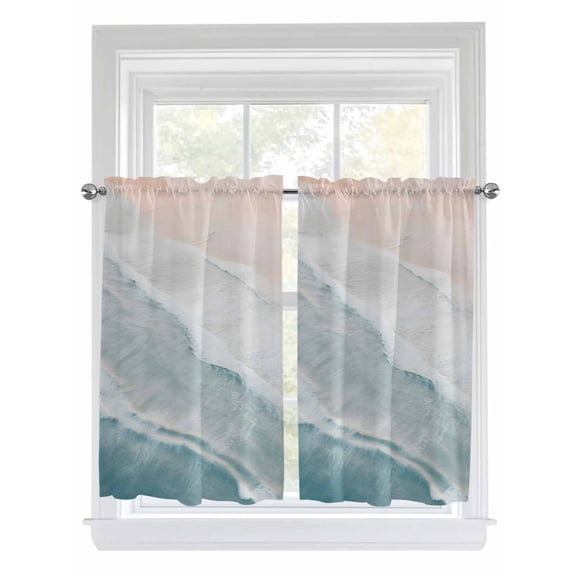 Beach Blue Kitchen Curtains 45 Inch Length, Gradient Ocean Waves Seashore Sunset Rod Pocket Light Filtering Window Curtains Living Room Bedroom Curtain Drapes Cafe Curtain 42''x45''x2