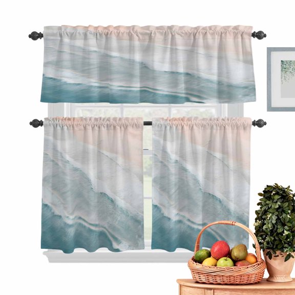 Beach Blue Kitchen Curtains Valances 3 Piece Set, Beige Gradient Ocean Wave Seaside Scenery Rod Pocket Tier Curtain and Valance Drapes for Small Window 24 Inch Length for Bedroom Cafe