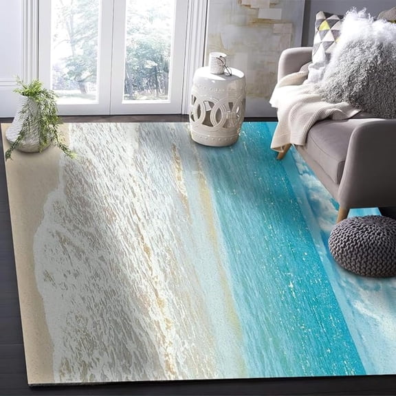 Beach Blue Ocean Area Rug, Summer Beach Landscape Indoor Non Slip Throw Accent Rug, Machine Washable Breathable Durable Carpet For Front Entrance Floor Decor 5x7ft