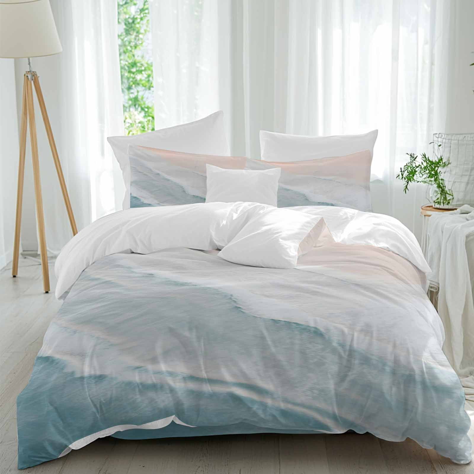 Beach Blue Queen Duvet Cover Set, Beige Gradient Ocean Wave Seaside Scenery 4 Piece Microfiber Bedding Set with Zipper Closure, Bed Sheet and 2 Pillow Shams, Soft Bedding Cover