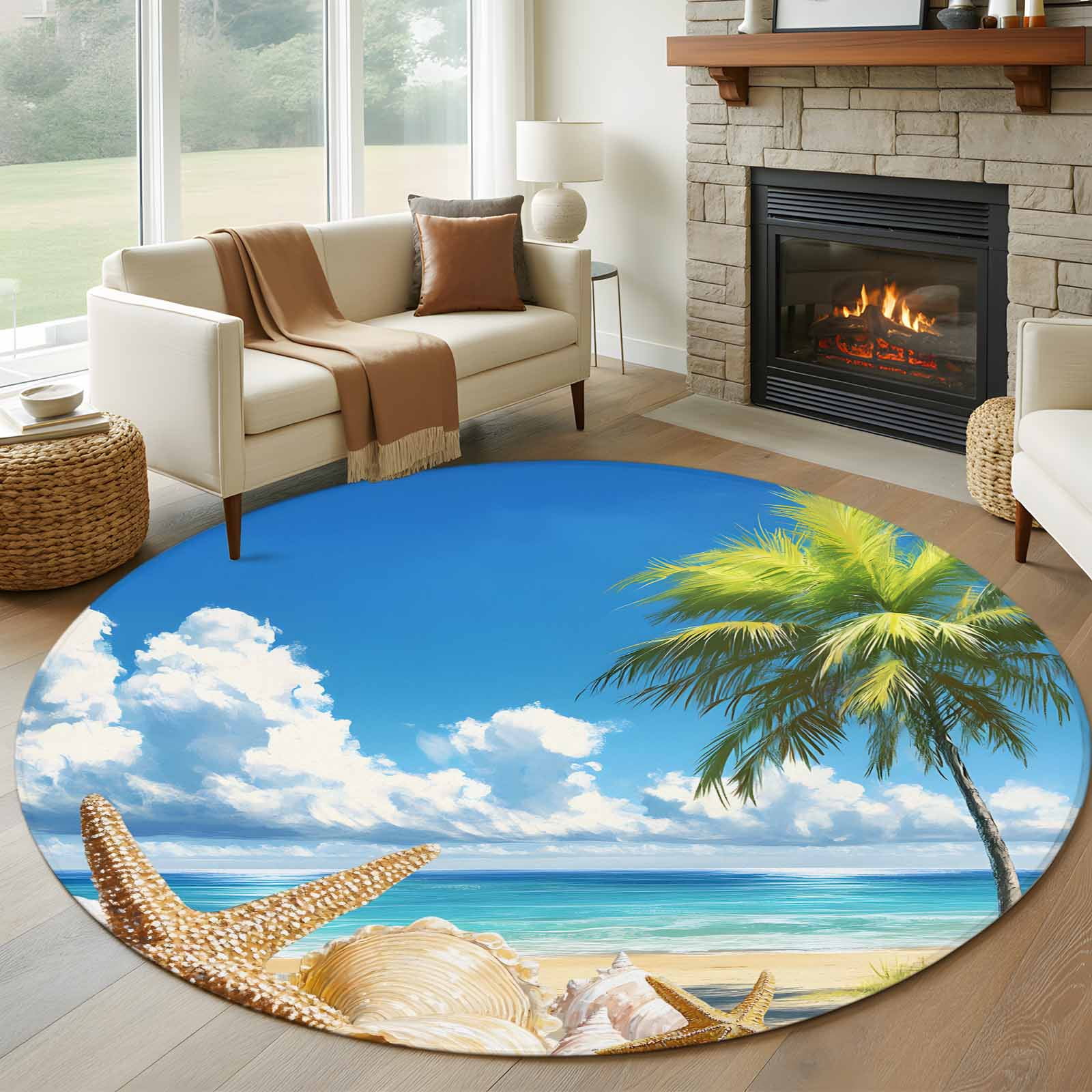 Beach Blue Round Area Rug 5 FT, Non Slip Bedroom Area Rug, Starfish ...