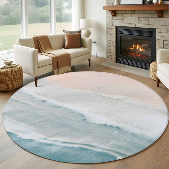 Beach Blue Round Area Rug 6Ft, Non Slip Circle Area Rugs for Living Room, Gradient Ocean Waves Seashore Sunset Washable Low Pile Indoor Floor Carpet Door Mat for Bedroom Kitchen Office Dining Room