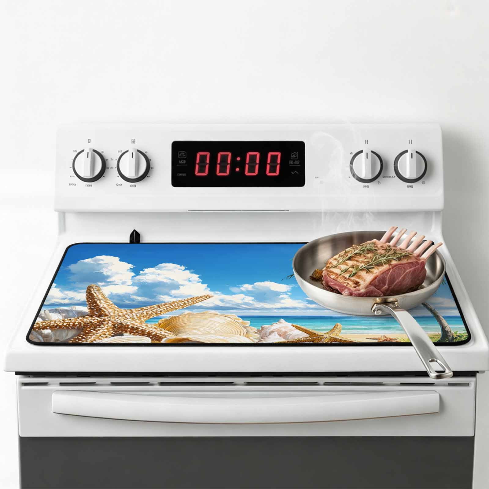 Beach Blue Stove Top Cover for Electric Stove, Heat-proof & Non Slip Glass Top Stove Cover Protector, Starfish Palm Tree Shell Sandy Beach Kitchen Flat Cooktop Rubber Mat 24x21 Inches
