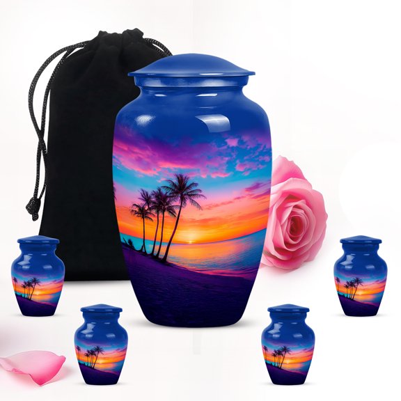 Beach Blue Sunset Tiny Memorial Urns For Human Ashes Adult Mother & Father - Funeral Large Urn For Ashes Mom & Dad - Cremains Gifts For Decorative - Combo 10Inch 200Lbs & 4 Keepsake 3Inch