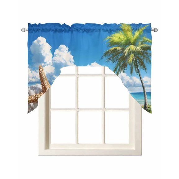 Beach Blue Swag Valances for Windows, Small Curtains Drapes, Starfish Palm Tree Shell Sandy Beach Kitchen Window Curtains Over Sink Rod Pocket Window Treatment Valance for Bedroom/Bathroom 56"x36"