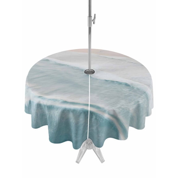 Beach Blue Table Cloth Round Tablecloth, Gradient Ocean Waves Seashore Sunset Waterproof Wrinkleproof Table Cover with Umbrella Hole and Zipper for Party/Dining/Patio/Wedding 60 Inch